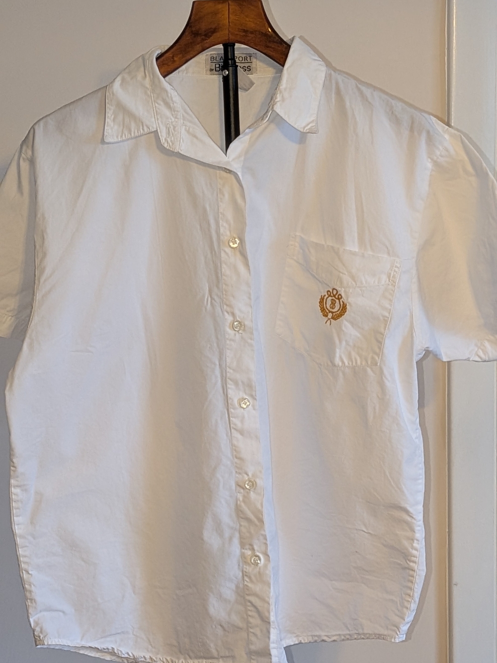 Vintage Blassport by Bill Blass White Cotton Embroidered Crest Shirt M